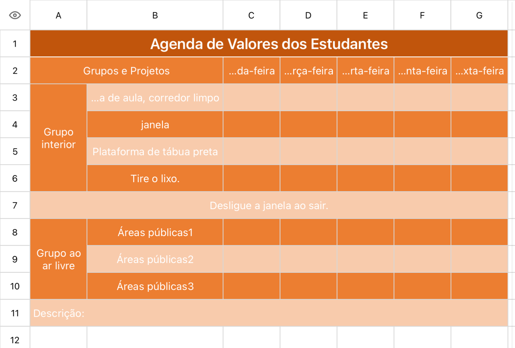 Agenda de Valores dos Estudantes